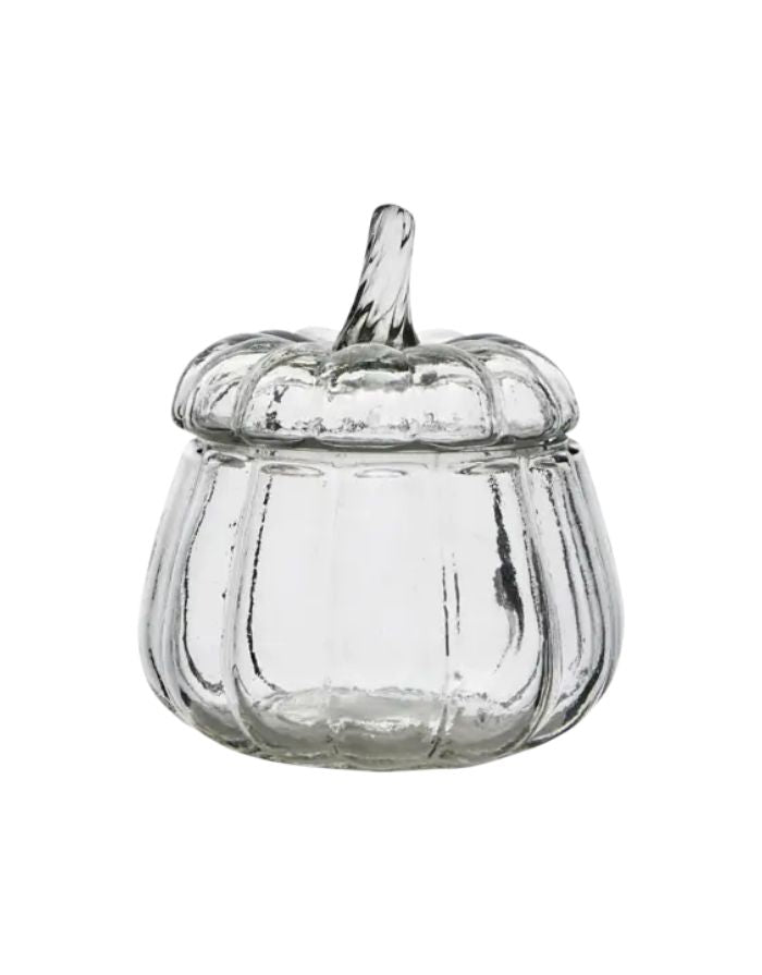 Schale Pumpkin S von Affari of Sweden aus klarem Glas in Kürbisform mit passendem Deckel, Ø 12 × H 13 cm.