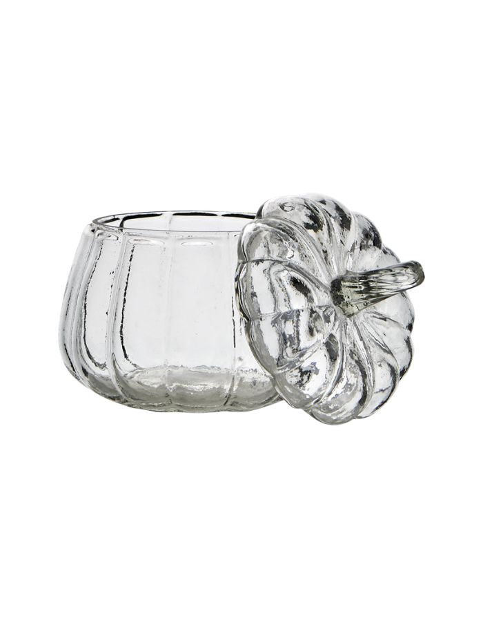 Schale Pumpkin S von Affari of Sweden aus klarem Glas in Kürbisform mit passendem Deckel, Ø 12 × H 13 cm.