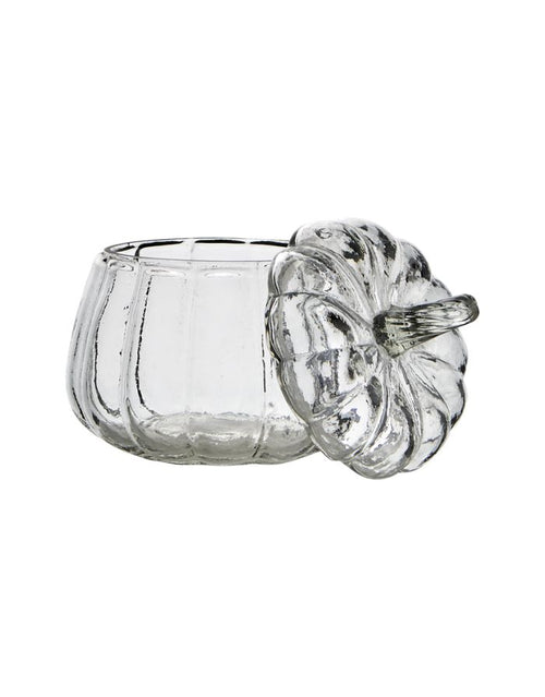 Schale Pumpkin S von Affari of Sweden aus klarem Glas in Kürbisform mit passendem Deckel, Ø 12 × H 13 cm.
