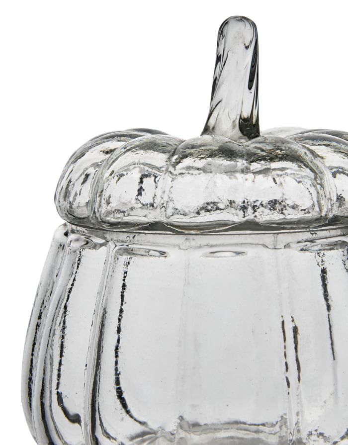 Schale Pumpkin S von Affari of Sweden aus klarem Glas in Kürbisform mit passendem Deckel, Ø 12 × H 13 cm.