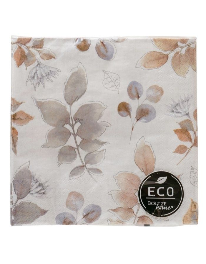 Florale Servietten Avy von BOLTZE aus recyceltem Papier mit Blättern und Blumen in Hellbraun und Grau, 20 Stück.