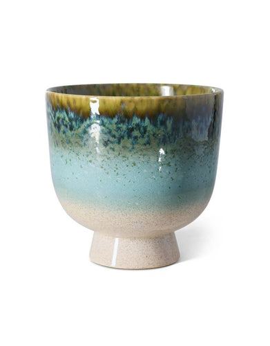 Eisblauer Übertopf Retro Lagoon von HKliving aus glasiertem Steinzeug mit reaktiver Glasur, 20,5×20,5×20 cm – Unikat für kleine bis mittelgroße Zimmerpflanzen.