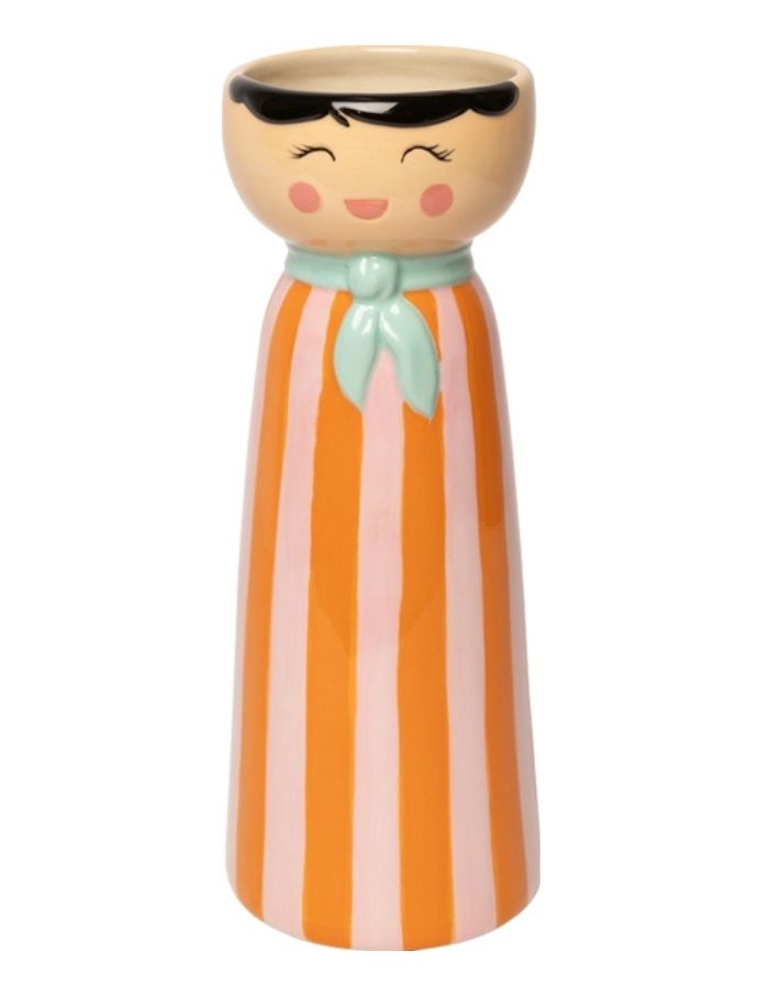 Au Maison Vase Mrs&amp;Miss 25 cm in Orange Hellrot und Minze, dekorative Blumenvase mit mit Gesicht  farbenfrohem Streifen