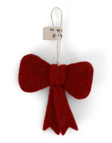 Handgefilzte rote Mini-Schleife aus Wolle von Én Gry & Sif – weihnachtlicher Filzanhänger aus Fair-Trade-Produktion, perfekt für Baum, Kranz oder Geschenkdeko.