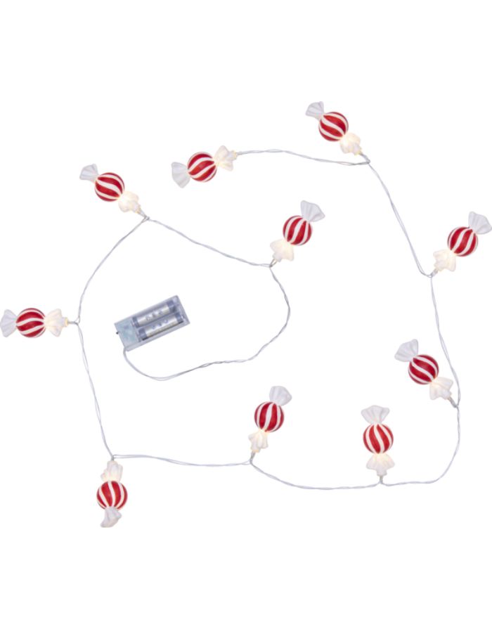 Lichterkette Bonbon von Star Trading mit roten und weißen Bonbon-Anhängern und warmweißen LEDs – festliche Weihnachtsdeko für Innenräume