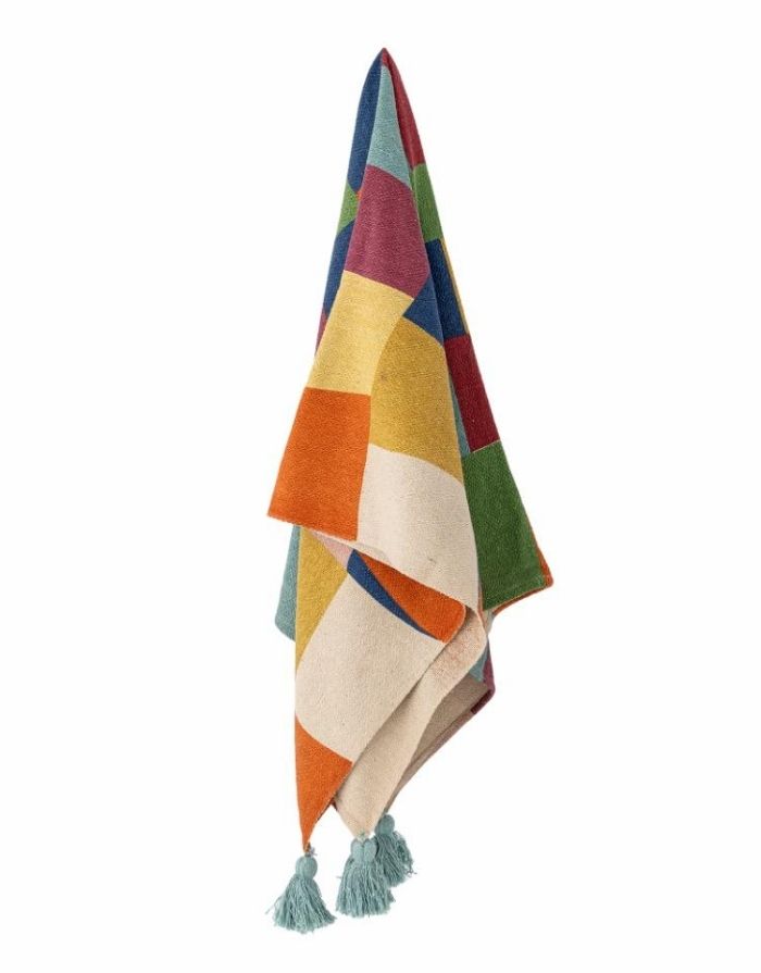 Bloomingville MINI Decke Colorine bunt gemustert mit Quasten aus recycelter Baumwolle.