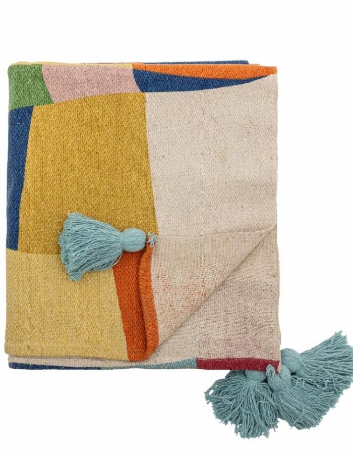 Bloomingville MINI Decke Colorine bunt gemustert mit Quasten aus recycelter Baumwolle.