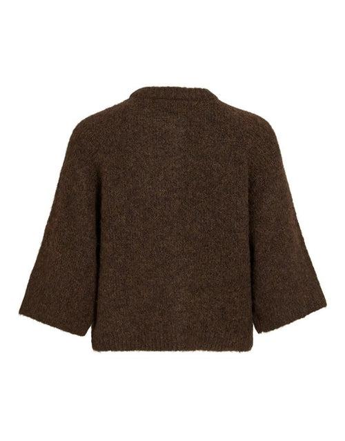 Brauner Vimarley 3/4 Cardigan von VILA in Coffee Bean mit Knöpfen an der Vorderseite und 3/4-Ärmeln als Freisteller von hinten