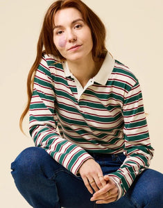 Gestreiftes Poloshirt von Popeia in Dunkelgrün und Bordeaux aus 100 % Bio-Baumwolle mit Relaxed Fit und geripptem Kragen