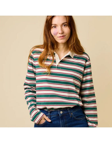 Gestreiftes Poloshirt von Popeia in Dunkelgrün und Bordeaux aus 100 % Bio-Baumwolle mit Relaxed Fit und geripptem Kragen