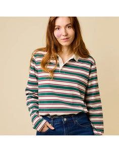 Gestreiftes Poloshirt von Popeia in Dunkelgrün und Bordeaux aus 100 % Bio-Baumwolle mit Relaxed Fit und geripptem Kragen
