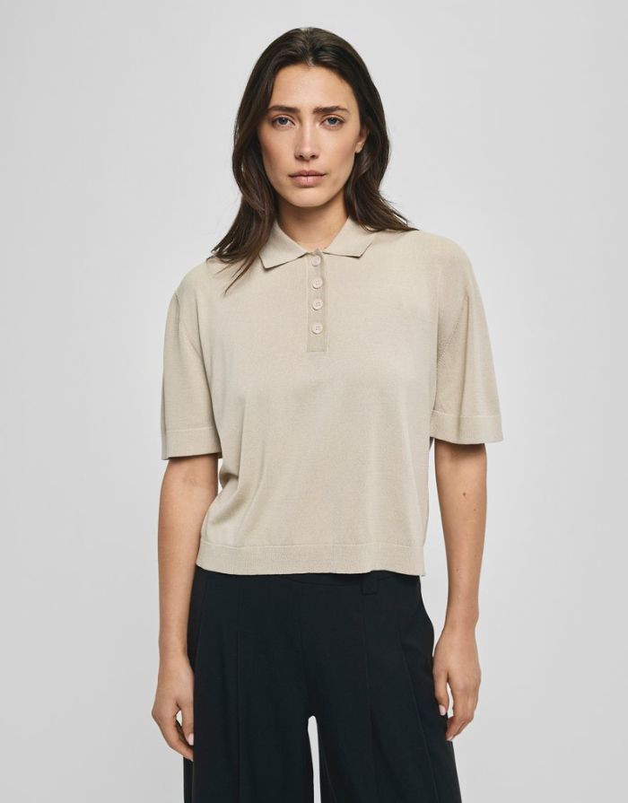 MSCH Copenhagen Shirt Terine 2/4 Peyote in Beige mit Polokragen und Knopfleiste.