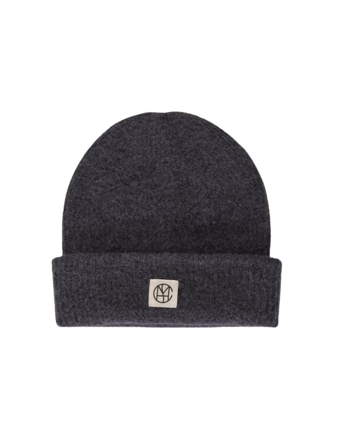 Hope Icon Beanie von MSCH Copenhagen aus weichem Woll- und Alpakamix in India Ink mit gerippter Strickstruktur, breitem Umschlag und dezentem Logo-Patch.