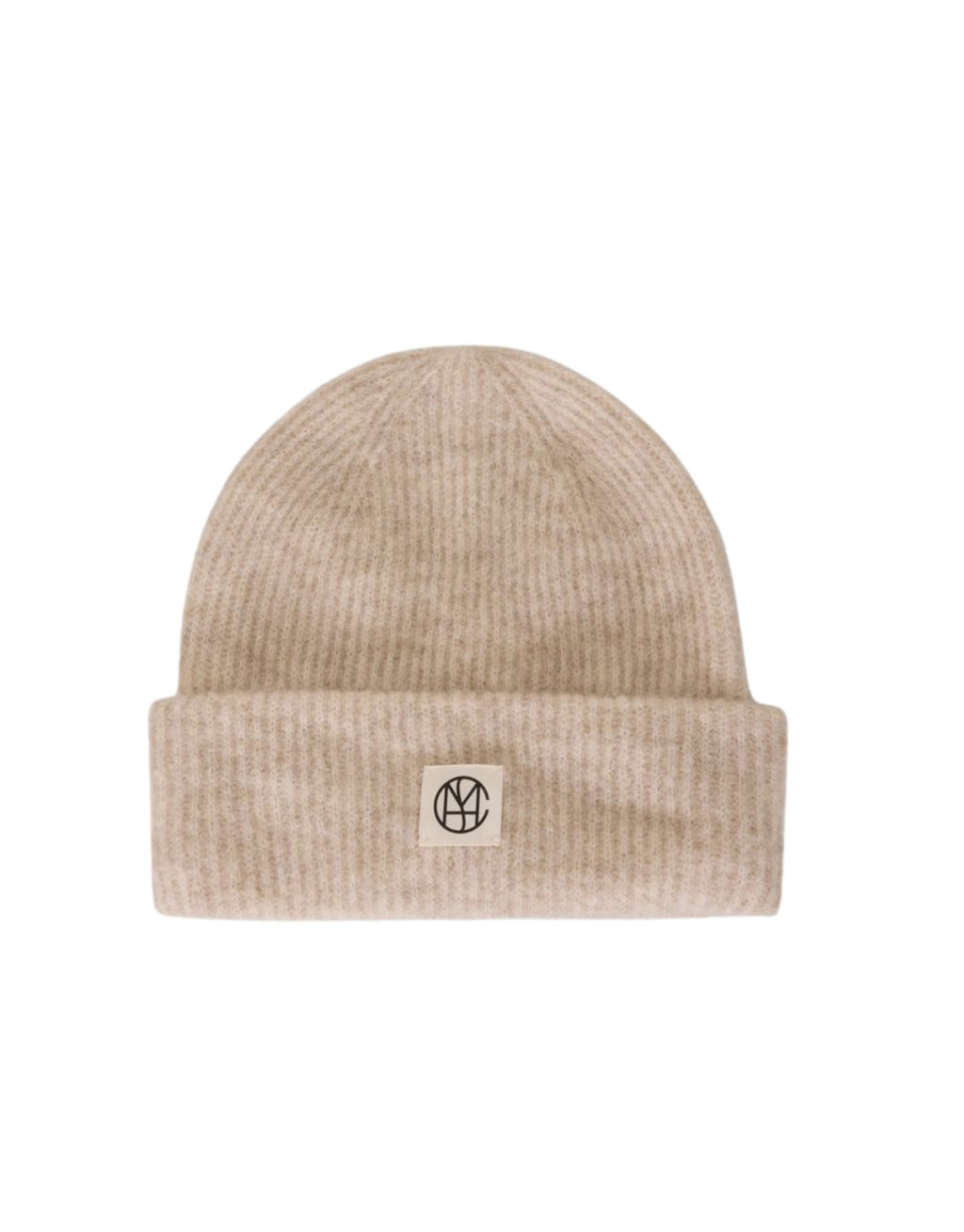 Hope Icon Beanie in der Farbe Oatmeal Melange von MSCH Copenhagen aus weichem Woll- und Alpakamix mit gerippter Strickstruktur, breitem Umschlag und dezentem Logo-Patch