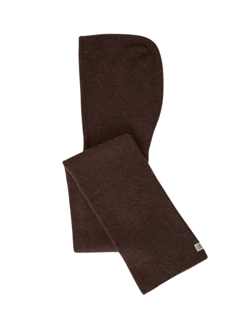Brauner Bondie Hope Kapuzenschal von MSCH Copenhagen aus weichem Woll- und Alpakamix mit gerippter Strickstruktur, integrierter Kapuze und langen Schalenden.