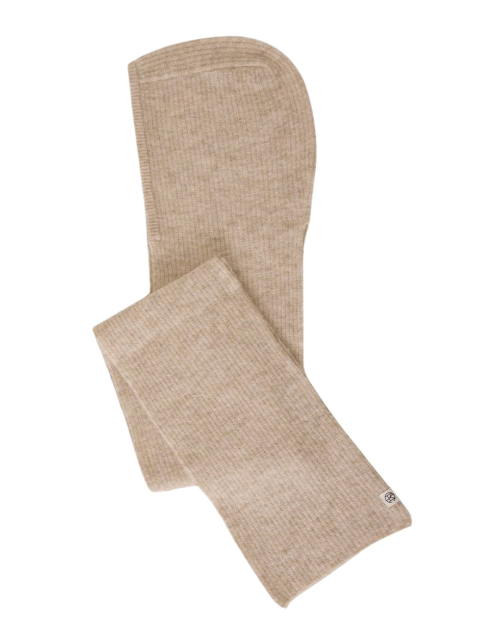 Beiger Bondie Hope Kapuzenschal von MSCH Copenhagen aus weichem Woll- und Alpakamix mit gerippter Strickstruktur, integrierter Kapuze und langen Schalenden.