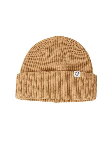 MSCH Copenhagen Beanie Galine Rachelle Icon in Cartouche Melange – roséfarbene Rippstrickmütze mit Umschlag und kleinem MSCH-Logo.