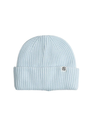 MSCH Copenhagen Beanie Galine Rachelle Icon in Ice Water – hellblaue Rippstrickmütze mit Umschlag und kleinem MSCH-Logo.