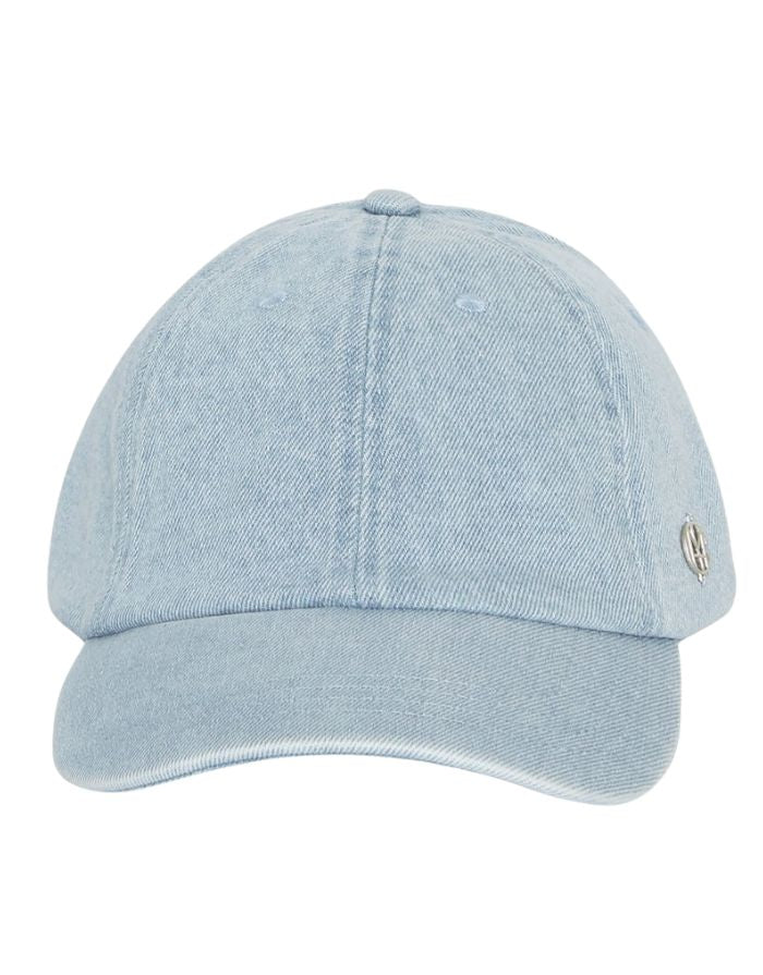 MSCH Copenhagen Cap Birkett Icon Light Blue Wash aus Denim mit gebogenem Schirm und Metalllogo.