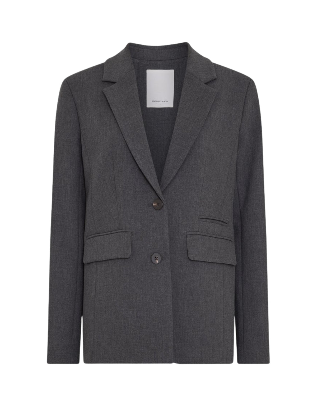  Dunkelgrau melierter Inge Henrike Loose Blazer von MSCH Copenhagen mit lockerer Passform, Reverskragen, zwei Knöpfen, Pattentaschen und raffiniertem Rückenschlitz als Freisteller von vorne