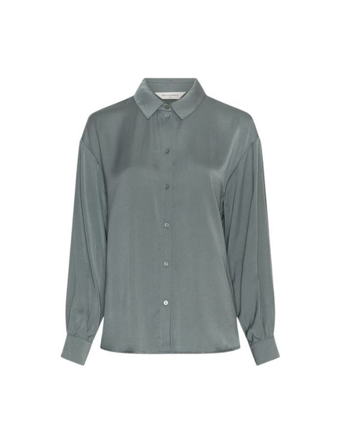MSCH Copenhagen Bluse Sandeline Maluca Laurel Wreath in Grün mit Knopfleiste und klassischem Kragen.