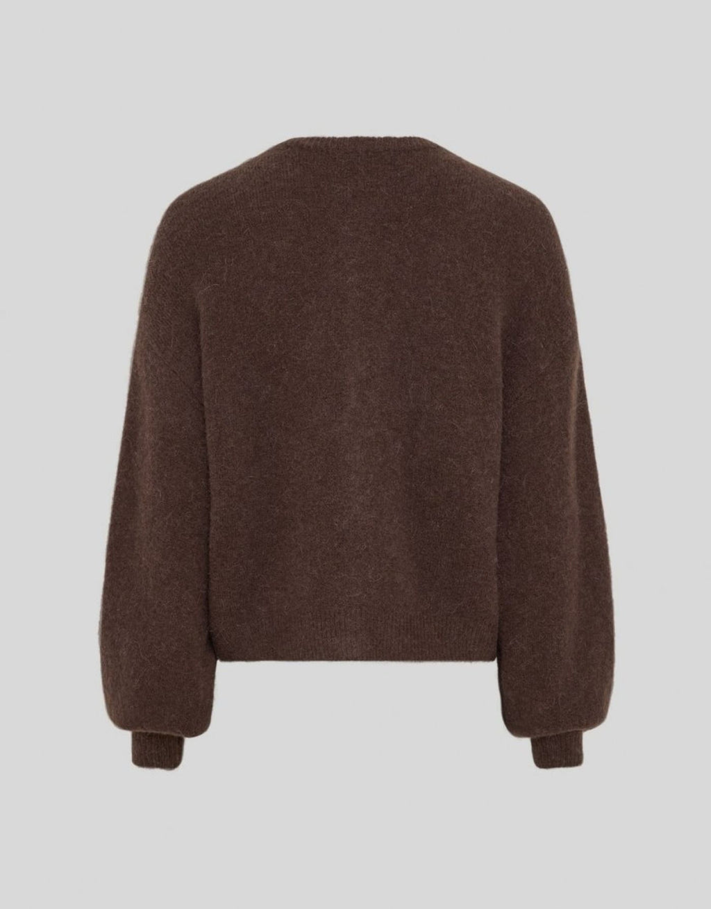 Brauner Cardigan Bondie Hope von MSCH Copenhagen in Hot Fudge mit Rundhalsausschnitt, Knopfleiste und langen Ballonärmeln.
