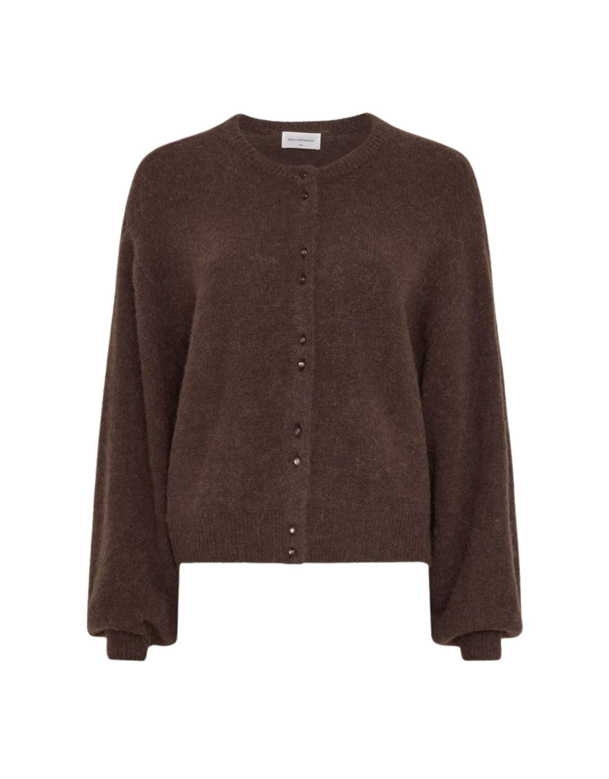 Brauner Cardigan Bondie Hope von MSCH Copenhagen in Hot Fudge mit Rundhalsausschnitt, Knopfleiste und langen Ballonärmeln.