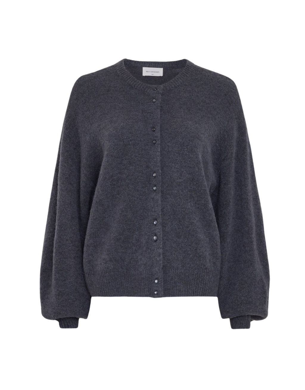 Blauer MSCHBondie Hope Cardigan von MSCH Copenhagen aus weichem Wollmix mit Rundhalsausschnitt, Knopfleiste und langen Ballonärmeln.