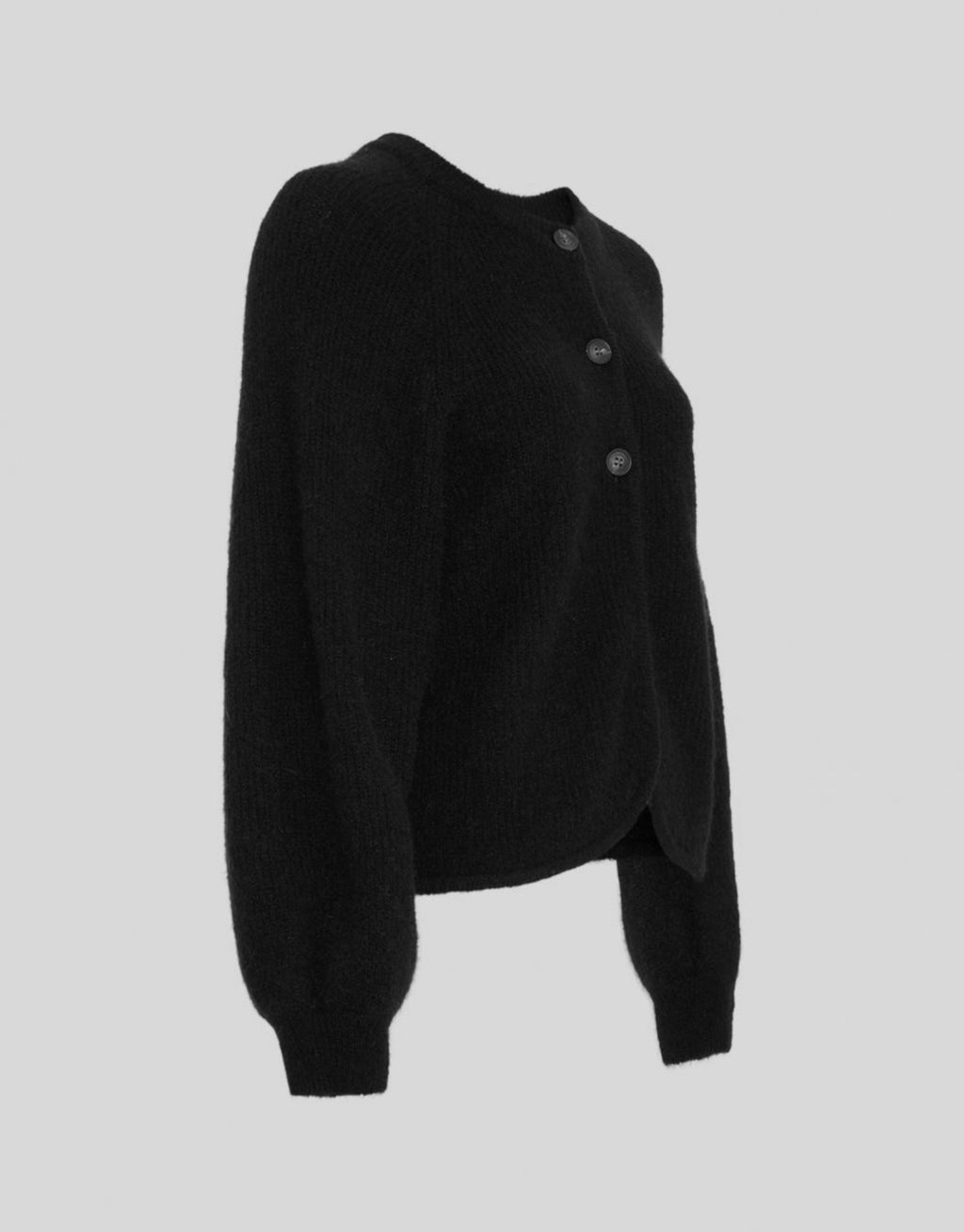 Schwarzer Cilia Hope Cardigan von MSCH Copenhagen aus weichem Woll-Alpaka-Mix mit Rundhalsausschnitt, drei Knöpfen und abgerundeter Vorderseite von der Seite 
