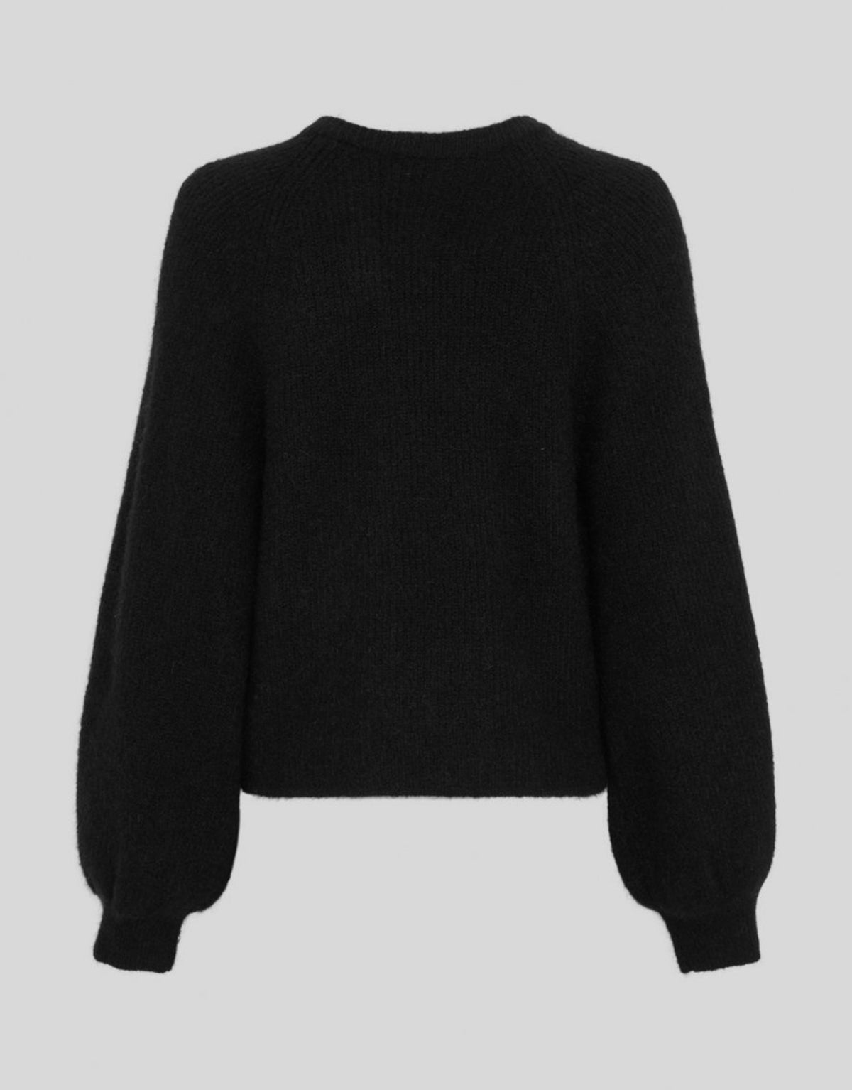 Schwarzer Cilia Hope Cardigan von MSCH Copenhagen aus weichem Woll-Alpaka-Mix mit Rundhalsausschnitt, drei Knöpfen und abgerundeter Vorderseite von hinten