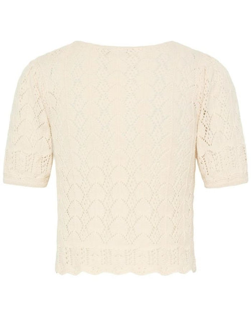 ICHI Cardigan Ihdaffie Birch White aus Baumwolle mit Lochstrick, Knopfleiste und gewelltem Saum.