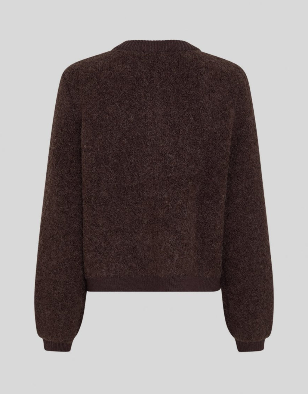 Dunkelbraune Taile Nerida Strick Jacke von MSCH Copenhagen aus weichem Woll- und Alpakamix mit Rundhalsausschnitt, dunklen Knöpfen und gerippten Abschlüssen von hinten