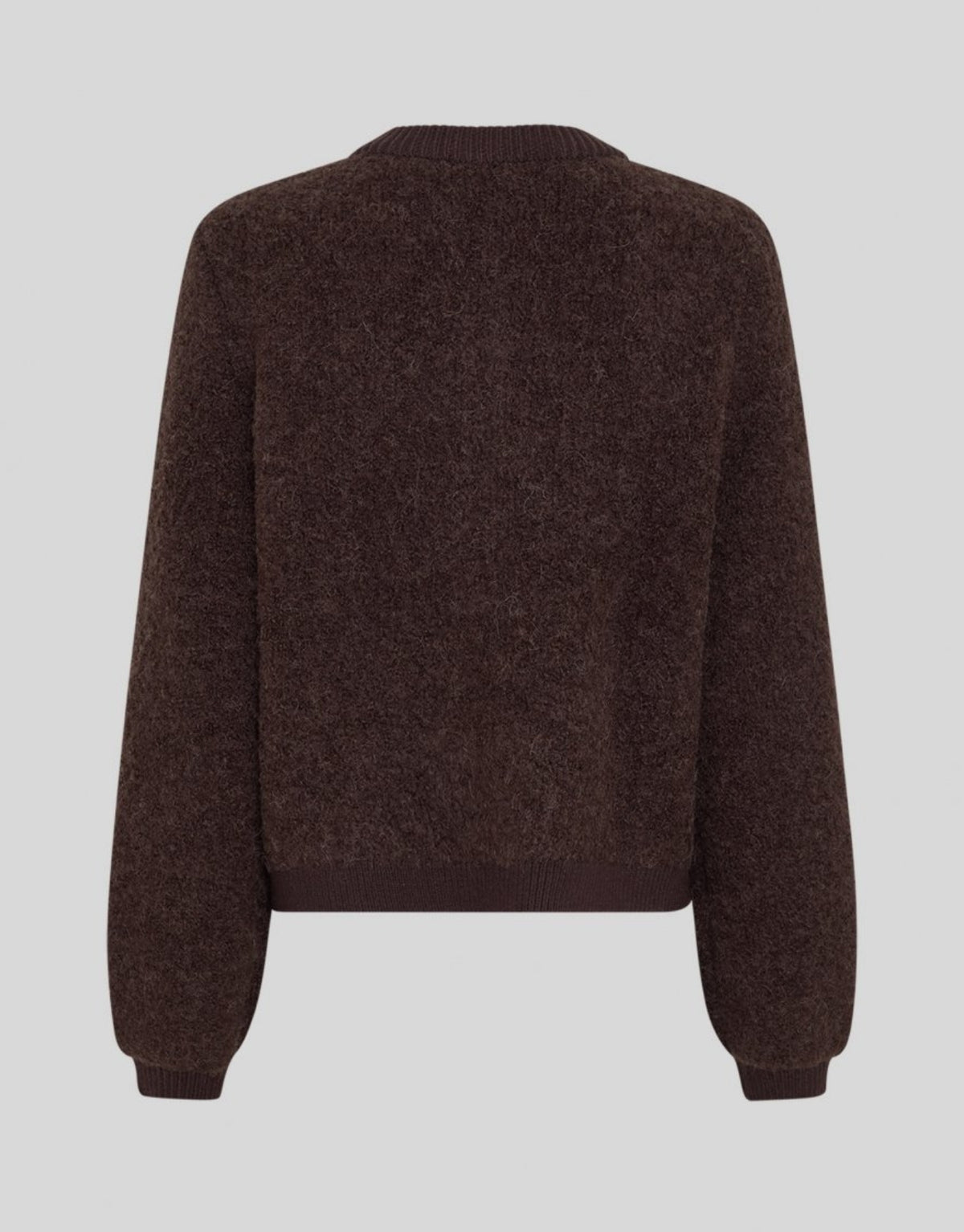 Dunkelbraune Taile Nerida Strick Jacke von MSCH Copenhagen aus weichem Woll- und Alpakamix mit Rundhalsausschnitt, dunklen Knöpfen und gerippten Abschlüssen von hinten