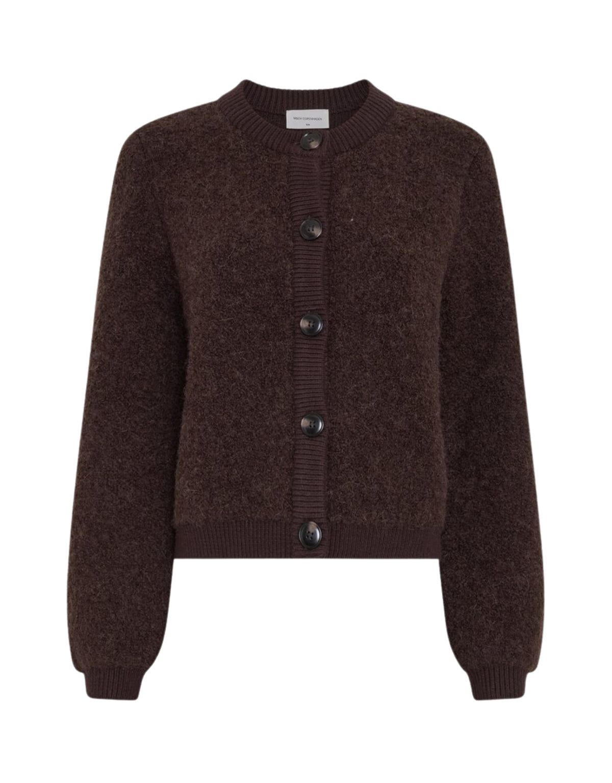 Dunkelbraune Taile Nerida Strick Jacke von MSCH Copenhagen aus weichem Woll- und Alpakamix mit Rundhalsausschnitt, dunklen Knöpfen und gerippten Abschlüssen.