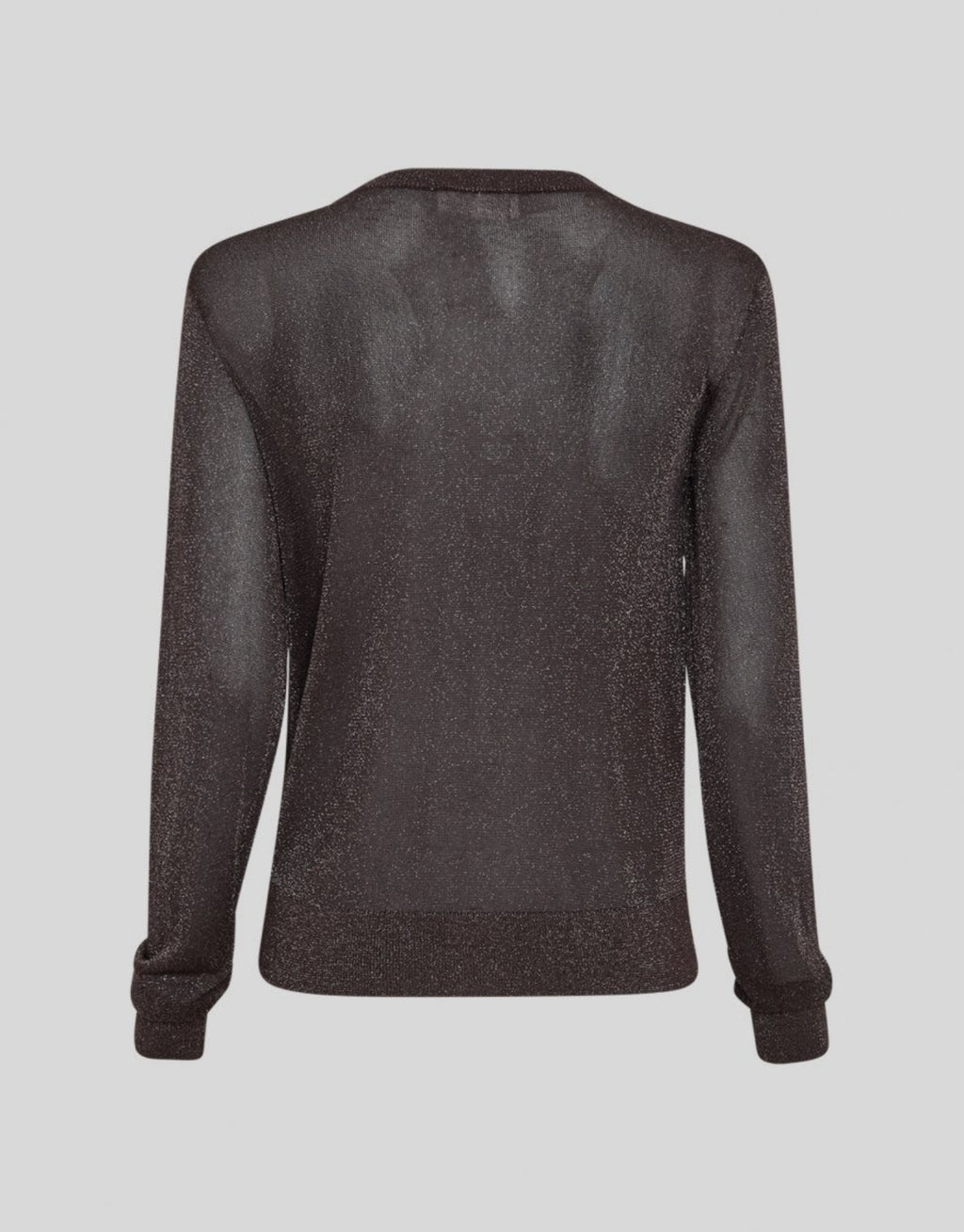  Dunkelbrauner Shirley Cardigan von MSCH Copenhagen aus leicht transparentem Feinstrick mit dezentem Lurex-Glanz, Rundhalsausschnitt und durchgehender Knopfleiste von hinten