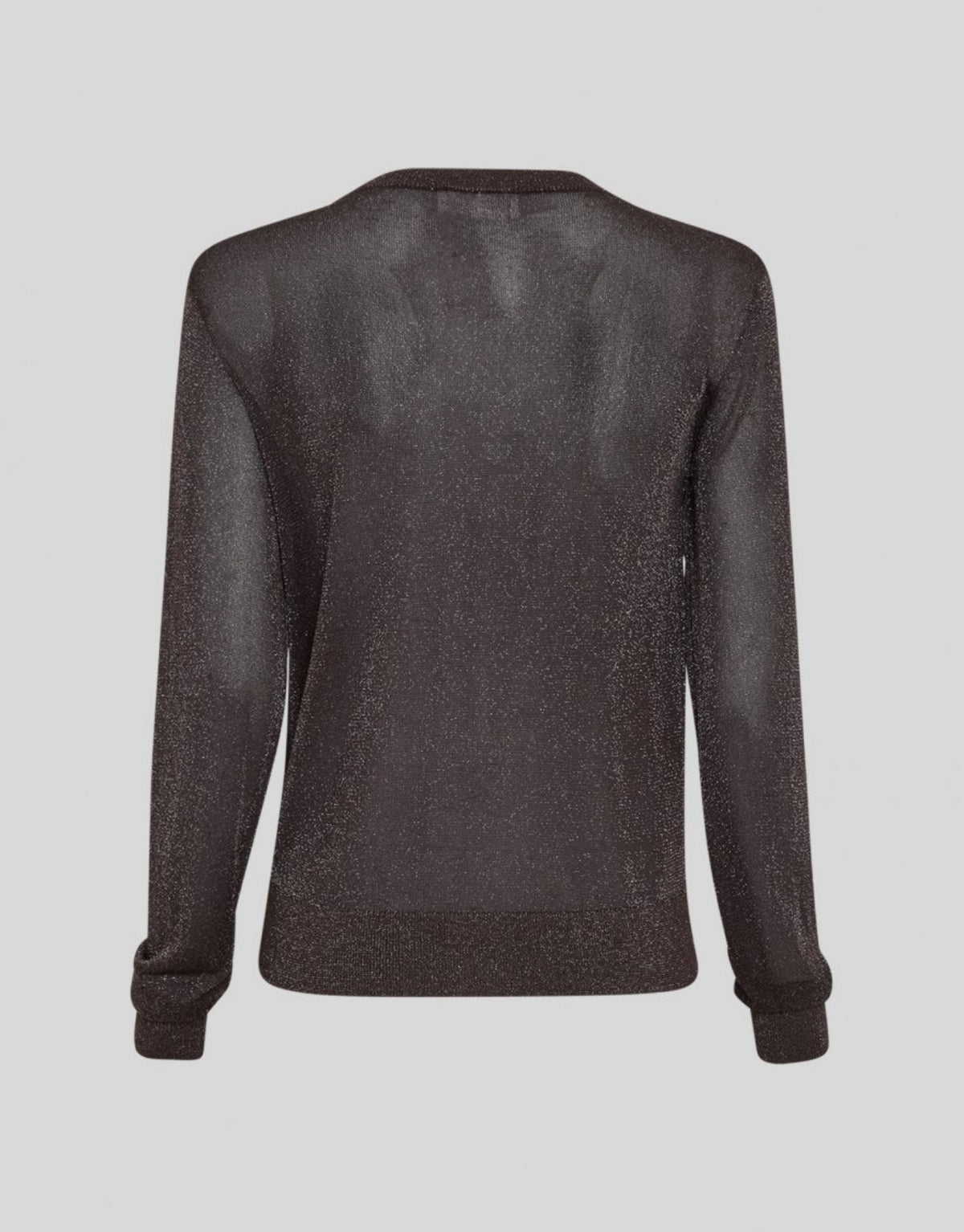  Dunkelbrauner Shirley Cardigan von MSCH Copenhagen aus leicht transparentem Feinstrick mit dezentem Lurex-Glanz, Rundhalsausschnitt und durchgehender Knopfleiste von hinten