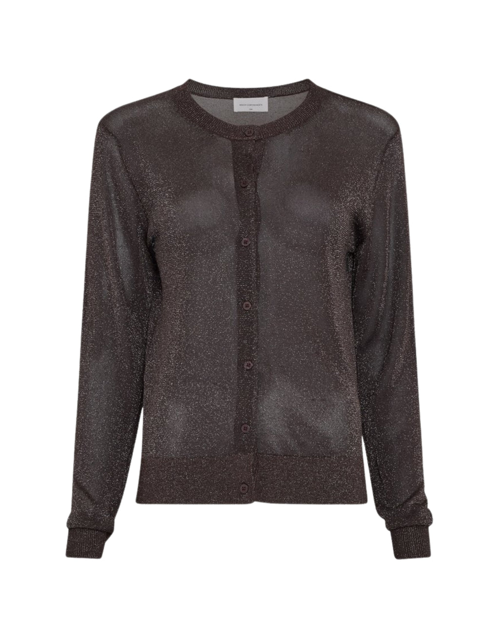 Dunkelbrauner Shirley Cardigan von MSCH Copenhagen aus leicht transparentem Feinstrick mit dezentem Lurex-Glanz, Rundhalsausschnitt und durchgehender Knopfleiste.