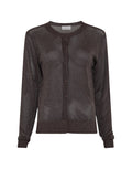 Dunkelbrauner Shirley Cardigan von MSCH Copenhagen aus leicht transparentem Feinstrick mit dezentem Lurex-Glanz, Rundhalsausschnitt und durchgehender Knopfleiste.