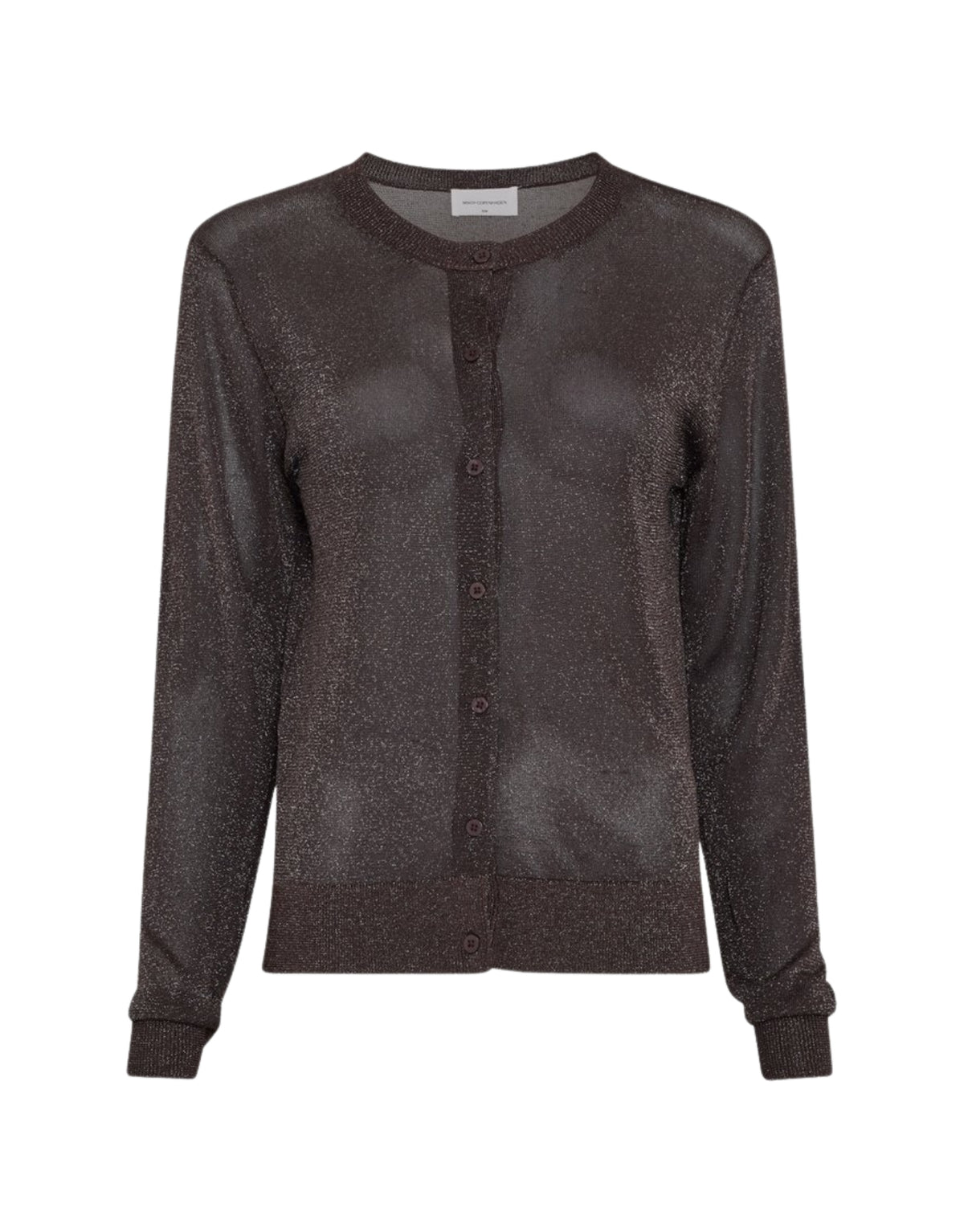 Dunkelbrauner Shirley Cardigan von MSCH Copenhagen aus leicht transparentem Feinstrick mit dezentem Lurex-Glanz, Rundhalsausschnitt und durchgehender Knopfleiste.
