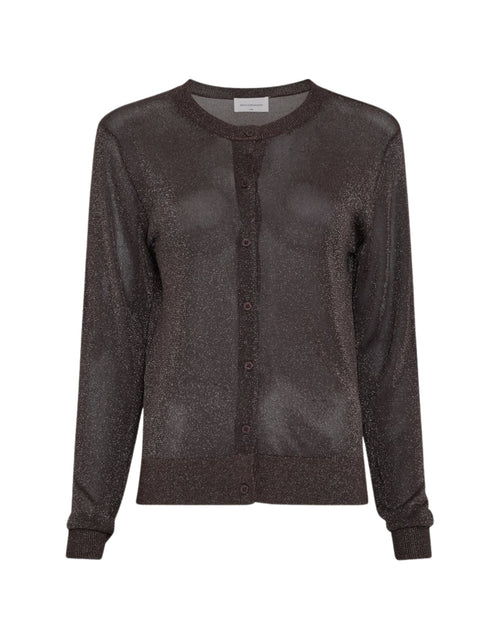 Dunkelbrauner Shirley Cardigan von MSCH Copenhagen aus leicht transparentem Feinstrick mit dezentem Lurex-Glanz, Rundhalsausschnitt und durchgehender Knopfleiste.