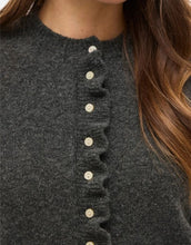 Laden Sie das Bild in den Galerie-Viewer, Dunkelgrauer Strick-Cardigan mit Rüschen, Rundhalsausschnitt und Knopfleiste von VILA, femininer Look in weicher Strickqualität
