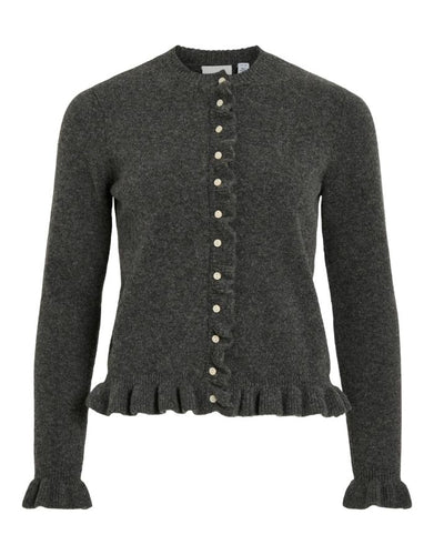 Dunkelgrauer Strick-Cardigan mit Rüschen, Rundhalsausschnitt und Knopfleiste von VILA, femininer Look in weicher Strickqualität
