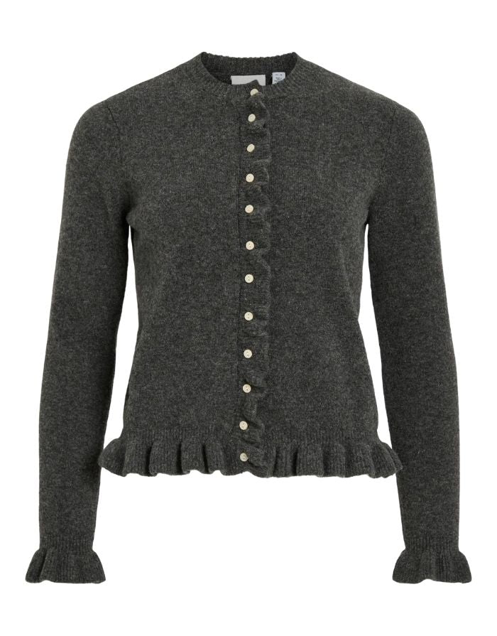 Dunkelgrauer Strick-Cardigan mit Rüschen, Rundhalsausschnitt und Knopfleiste von VILA, femininer Look in weicher Strickqualität