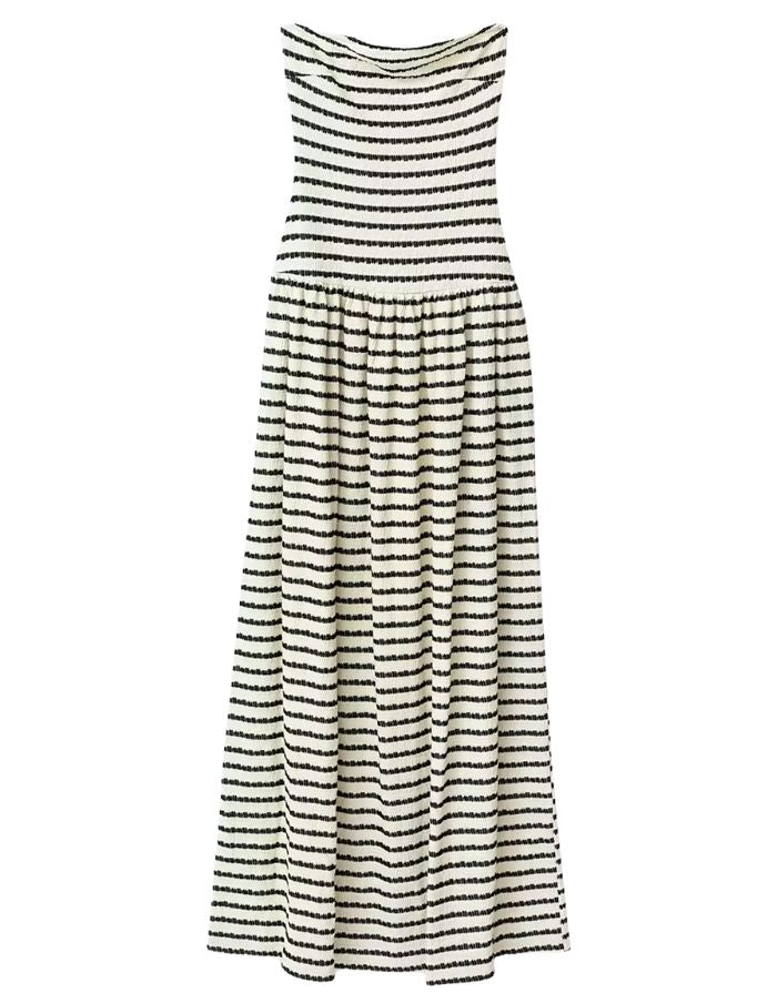  Gina Tricot langes Bandeaukleid mit schwarzen und weißen Streifen in figurbetonter Midaxi-Länge.