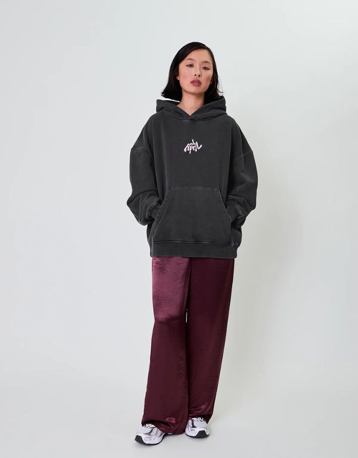 OH APRIL Boyfriend Hoodie Fluffy Dark Grey Acid – oversized Damen Hoodie mit Sugar Pink Logo-Stickerei, Used-Optik, Größen XS–XL