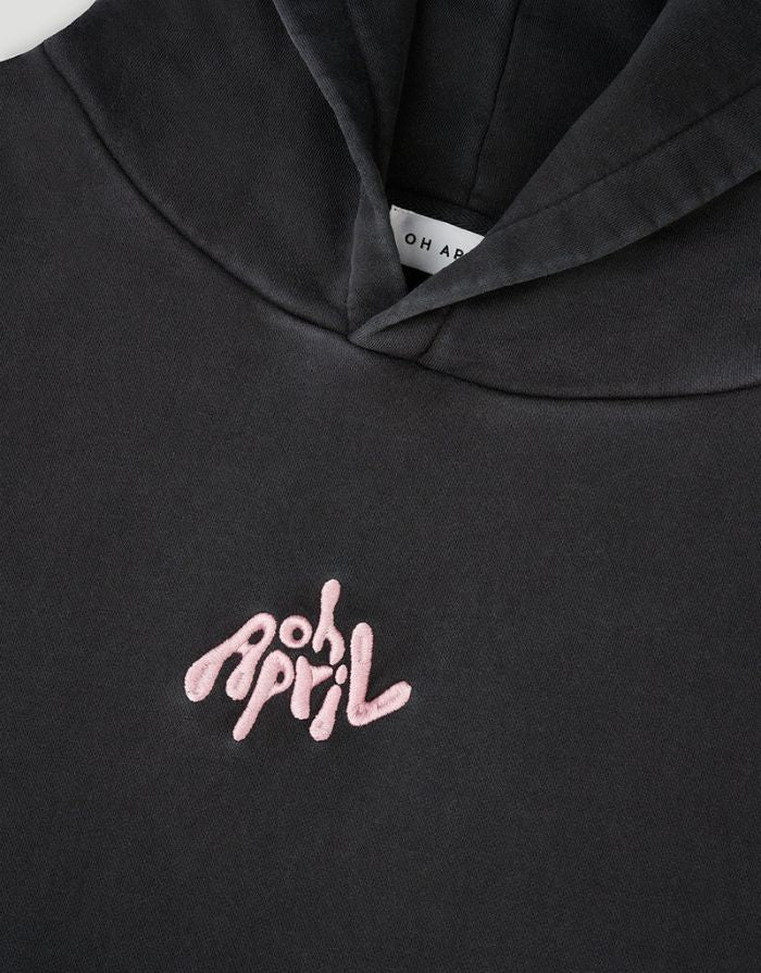 OH APRIL Boyfriend Hoodie Fluffy Dark Grey Acid – oversized Damen Hoodie mit Sugar Pink Logo-Stickerei, Used-Optik, Größen XS–XL