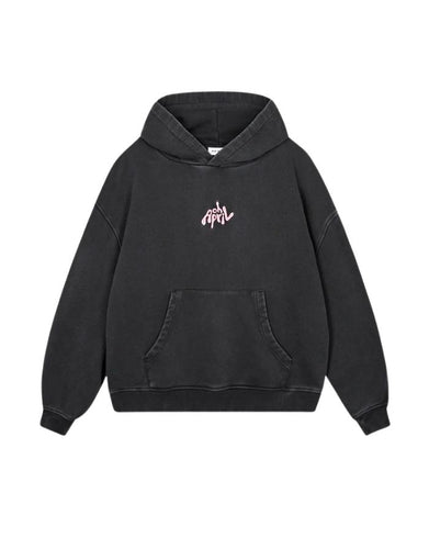 OH APRIL Boyfriend Hoodie Fluffy Dark Grey Acid – oversized Damen Hoodie mit Sugar Pink Logo-Stickerei, Used-Optik, Größen XS–XL
