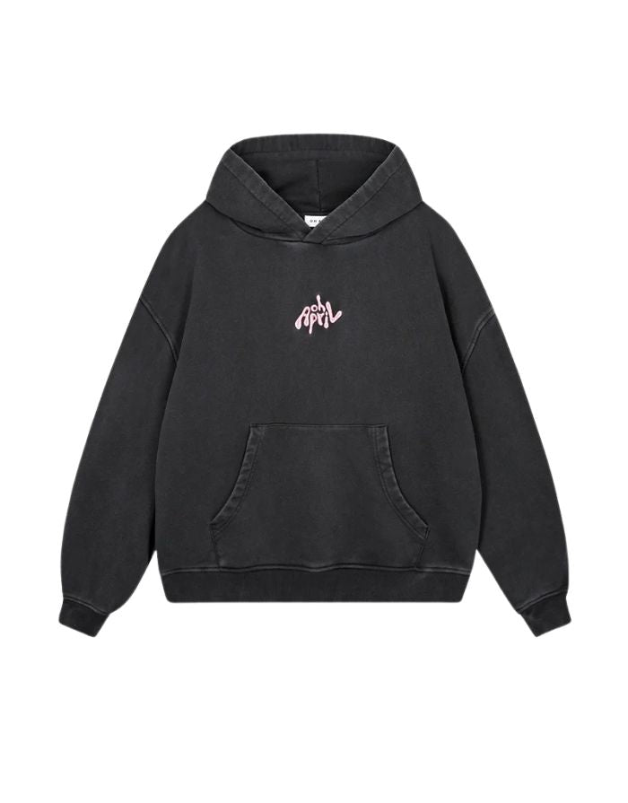 OH APRIL Boyfriend Hoodie Fluffy Dark Grey Acid – oversized Damen Hoodie mit Sugar Pink Logo-Stickerei, Used-Optik, Größen XS–XL