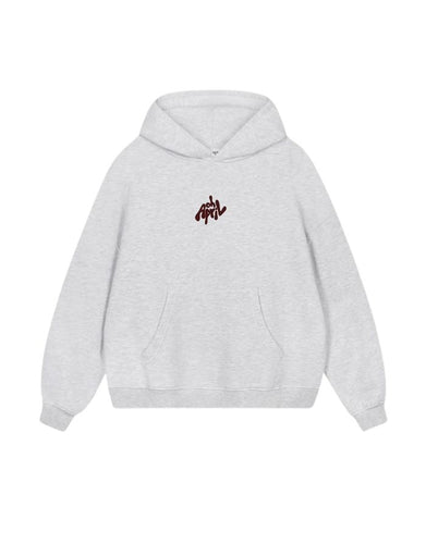 OH APRIL Boyfriend Hoodie Fluffy Light Grey Acid – oversized Damen Hoodie mit Sugar Pink Logo-Stickerei, Used-Optik, Größen XS–XL.