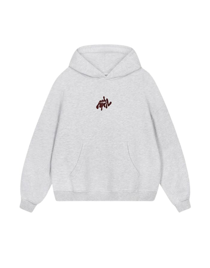 OH APRIL Boyfriend Hoodie Fluffy Light Grey Acid – oversized Damen Hoodie mit Sugar Pink Logo-Stickerei, Used-Optik, Größen XS–XL.